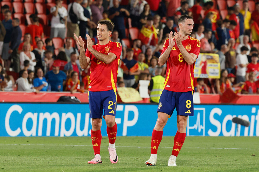 El centrocampista de la selección española Fabián Ruiz (d), autor de uno de los cinco goles en la victoria ante Irlanda del Norte en el estadio Son Moix (5-1). EFE/Cati Cladera